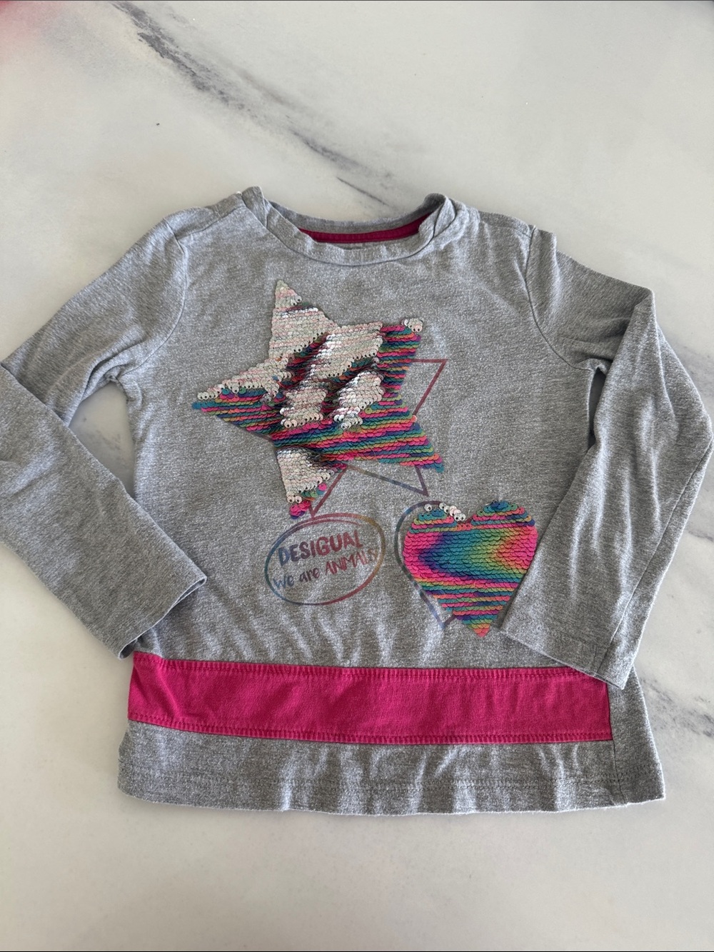 Desigual Gray Long-Sleeve Top with Multicolor Sequin Star & Heart